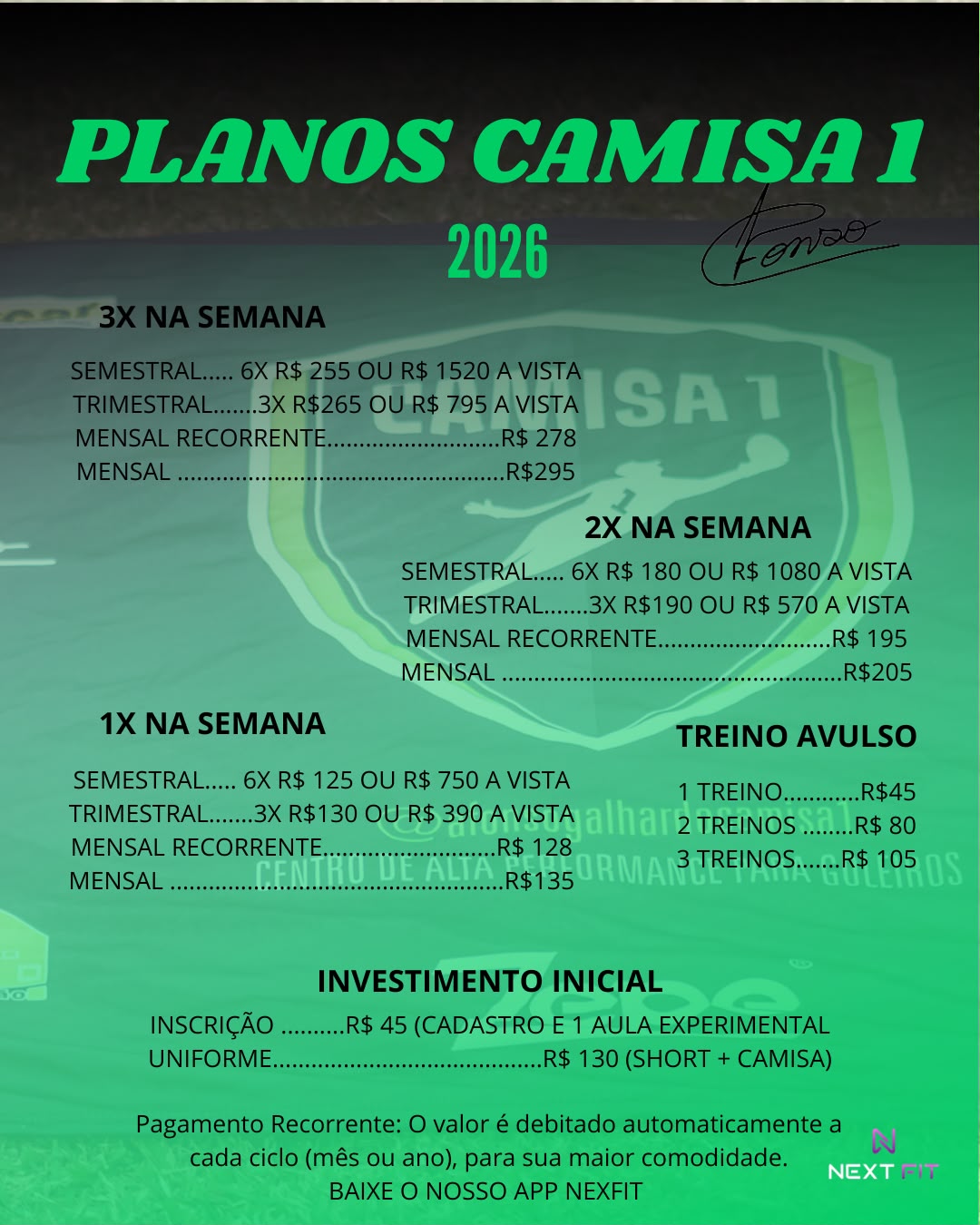 Planos e preços Camisa 1 2026